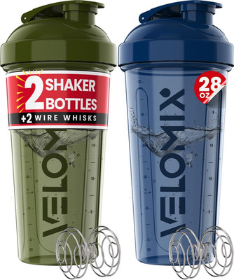 Protein Shaker Bottle 28oz 2 Pack Leak Proof Wire Whisk Gym BPA Free VELOMIX