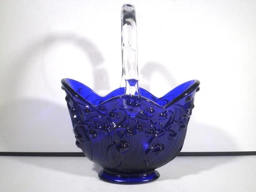 Vintage Fenton Art Glass Lily of the Valley Cobalt Blue Basket