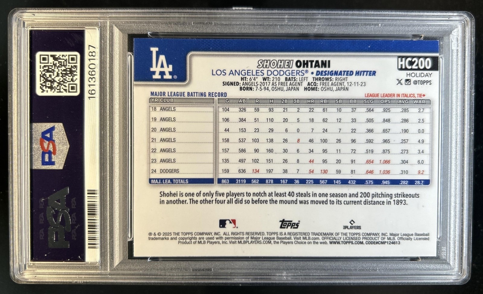 2025 Topps Holiday Shohei Ohtani Chrome Refractor #/499 Dodgers PSA 8 view 2