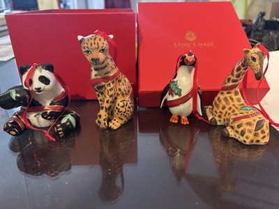 NIB LynnChase BoxedSet of 4 PorcelainOrnaments2004,Panda,Penguin,Giraffe,Leopard