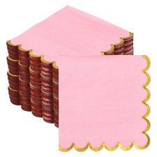 200 Pcs Scalloped Cocktail Napkins with Gold Foil(5 x 5 Inch, Pink)
