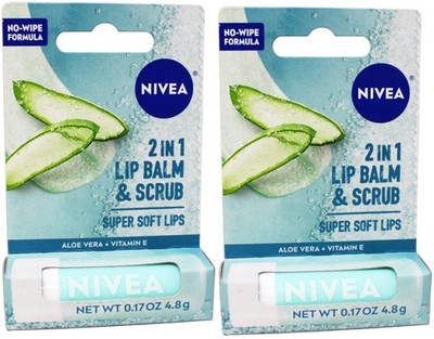 2 PackNivea 2in1 Lip Balm & Scrub Soft Lips, Aloe Vera + Vitamin E, 0.17 oz