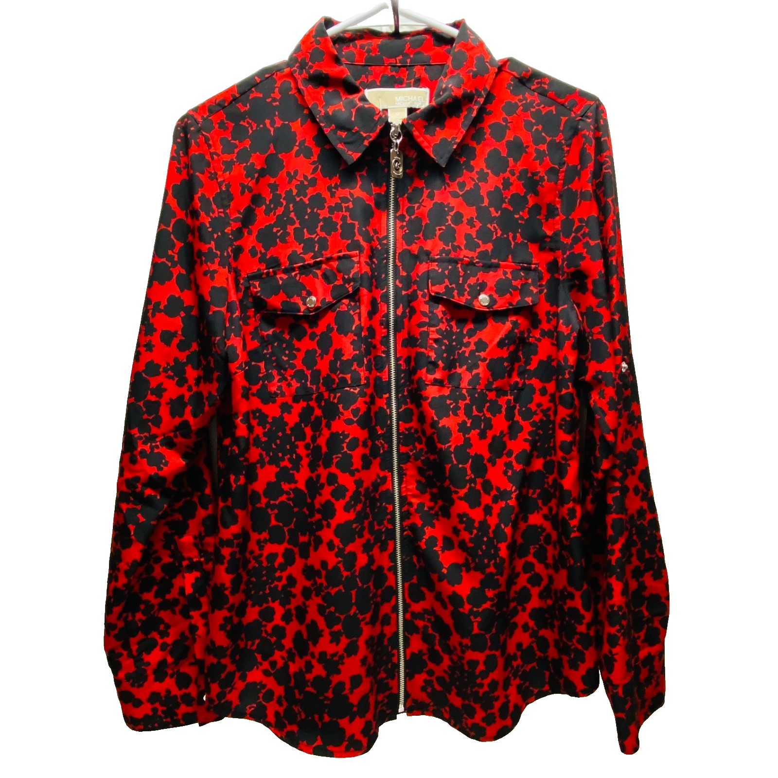 Michael Kors Full Zip Blouse Women's Medium Red Black Floral Roll Tab Sleeve Top