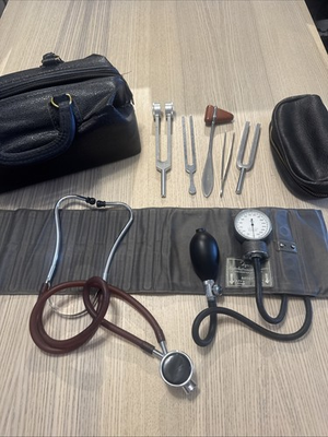 #ad Vintage Medical Kit Stethoscope Blood Pressure Cuff Tuning Forks Reflex Hammer $179.99