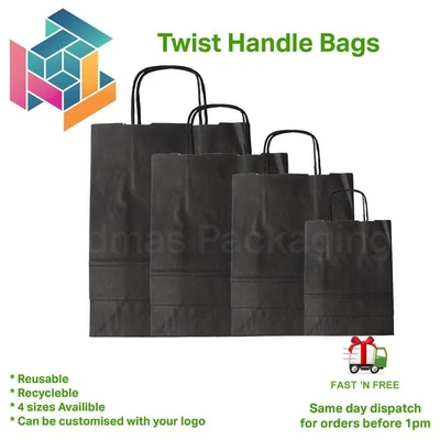 Black Paper Bags With Handles Party and Gift Carrier / Twist Handle Paper Bags - Image 1 of 4