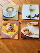 4 Glasbilder, Wandbilder 20 x 20 cm Kaffee & Eis. Heil und mit Aufhänger