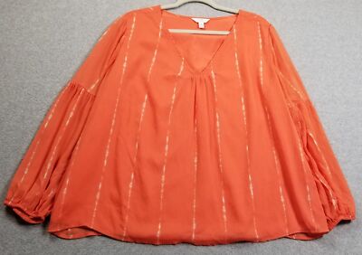 Time & Tru Top Women Extra Large XL Orange White Striped Long Sleeve Blouse Bold