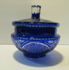 vintage cobalt blue cut to glass compote candy jar with lid star lattaice design