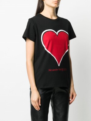 New Original Alexander McQueen Heart Logo Women Black T Shirt