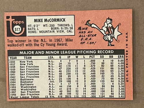 1969 TOPPS - MIKE McCORMICK GIANTS #517 - Picture 2 of 2