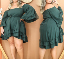 WOMEN PLUS SIZE DARK GREEN OFF SHOULDER BELL SLEEVE RUFFLE DRESS ( ONE SIZE )
