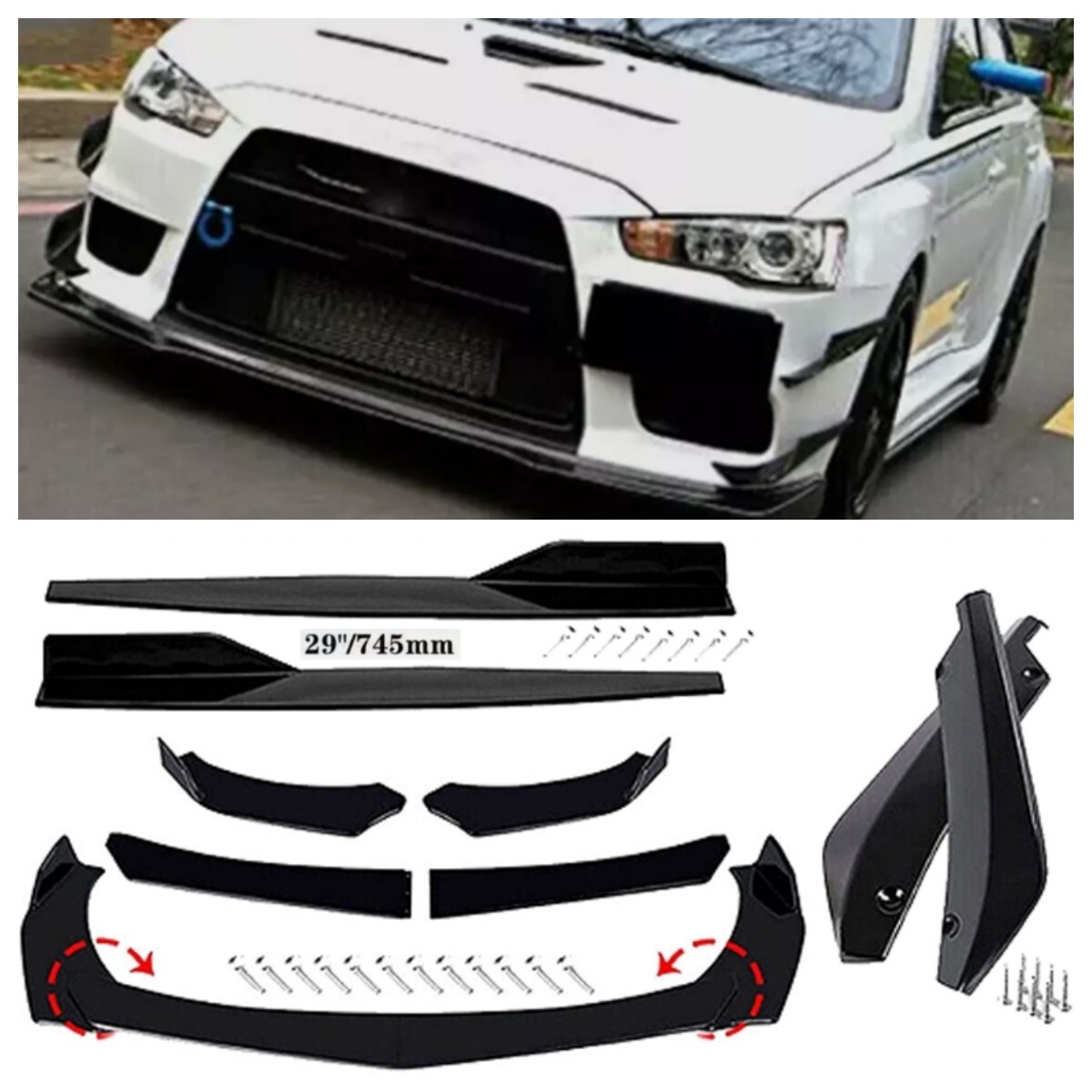 FOR MITSUBISHI LANCER Glossy Black Front Bumper Lip Spoiler Splitter Kit US