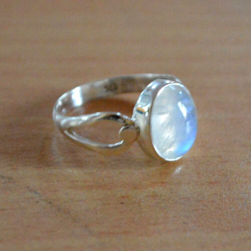 Natural Blue Fire Rainbow Moonstone Gemstone 925 Sterling Silver Ring Size 7 - Afbeelding 1 van 4