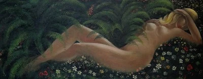 Artista desconocido, mujer desnuda acostada, óleo grande sobre tabla. Mediado... - Imagen 1 de 4