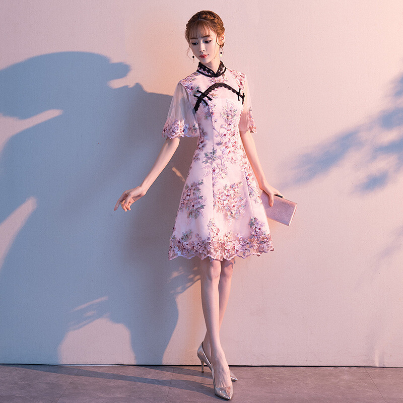 Women Lace Embroidered Knee High Dress Improved Cheongsam Lady Elegant  Chinese | eBay