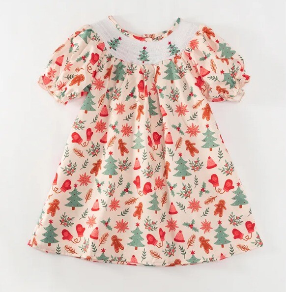 Christmas Smocked Tree & Mittens Dress 12/18M