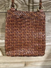 Vintage Woven Leather Bucket Bag Drawstring Purse Boho 1990s