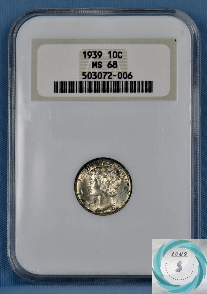 Moneda de diez centavos Mercury 1939 NGC MS68 - ¡¡Excelente belleza en tonos gemas!!!