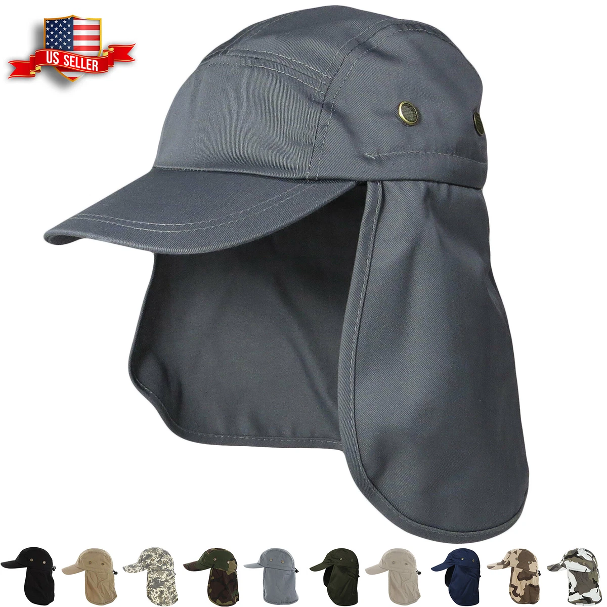 Ear Flap Sun Hat Neck Cover Baseball Cap Visor Camo Army Fishing Outdoors  USA