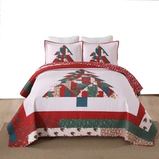3 Pcs Patchwork Christmas Tree Quilt Set – Reversible Holiday Bedspread BY218