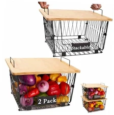 2 Pack Stackable Wire Storage Baskets with Wood Lid- Kitchen Countertop 2 PACK