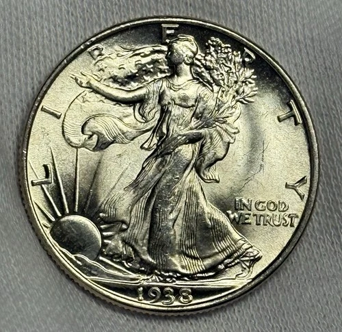 Lustrous Mint State 1938-P Walking Liberty Silver Half Dollar, Orig Uncirculated