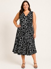 Talbots Petites Dress Womens 14 Black White Circle Print Faux Wrap Midi Stretch