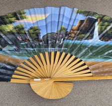 Large Asian Handpainted Paper  Bamboo Wall Fan Water Falls  Elephants 35 x 60"