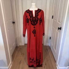 Vtg 70s Red Black Asian Inspired Kaftan Maxi Dress Cotton Boho Hippie Thailand