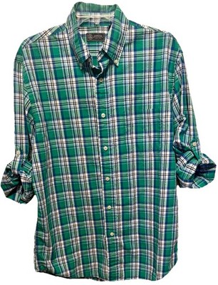 ARROW (M) Green Plaid Seersucker Button Up Shirt Roll Tab Sleeves Lightweight