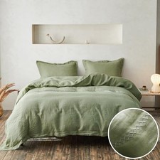100 Linen Duvet Cover Set with Crossed Embroidery Queen Crossed-sage Green