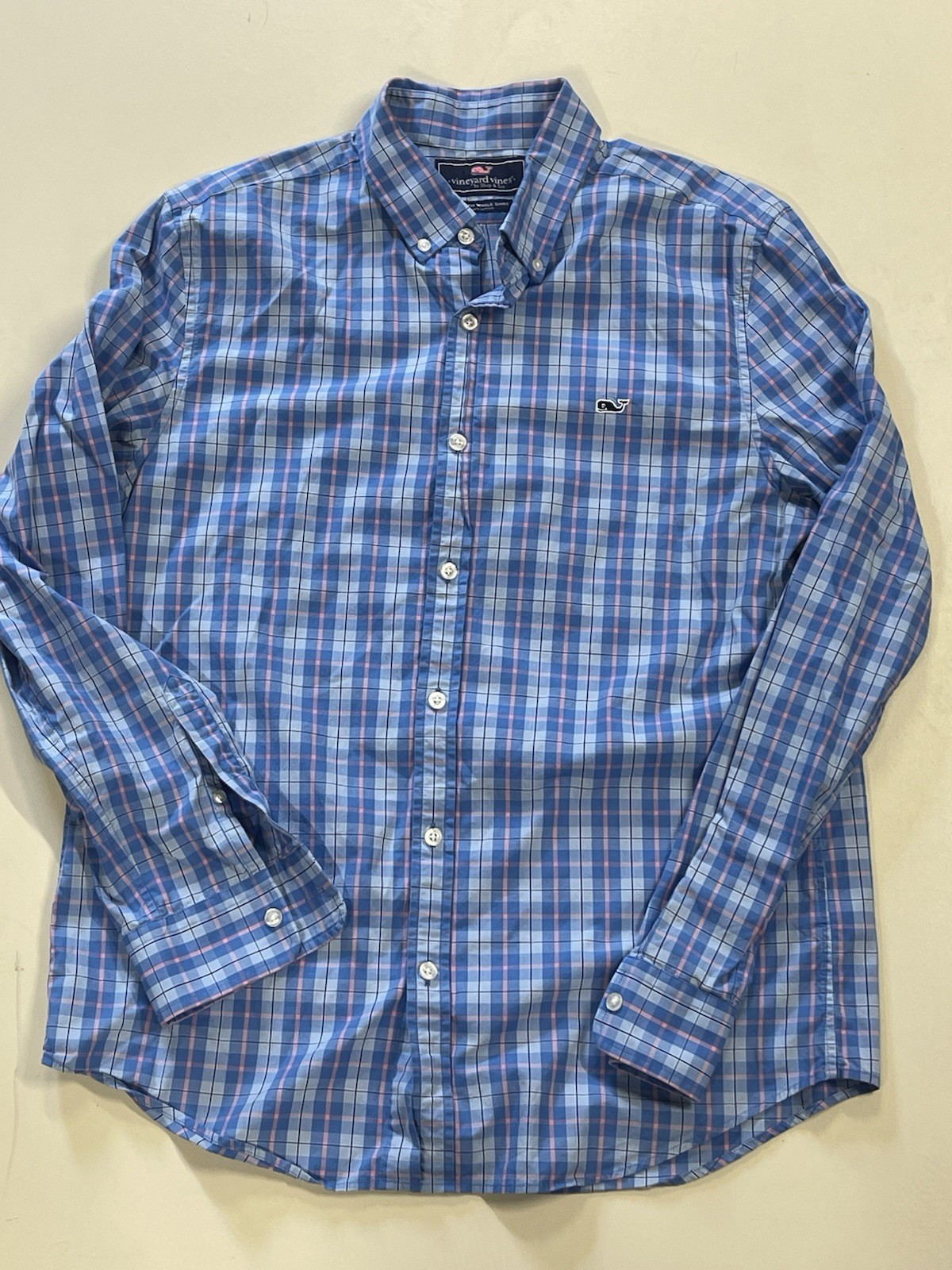 Vineyard Vines Slim Fit Whale Blue & Pink Check Slim Fit Tucker Shirt Size M