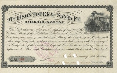 Atchison, Topeka and Santa Fe Railroad Co. - Stock Certificate - Railroad Stoc