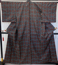 Japanese Vintage Kimono Silk Black Oshima Traditional Authentic Length 61 in