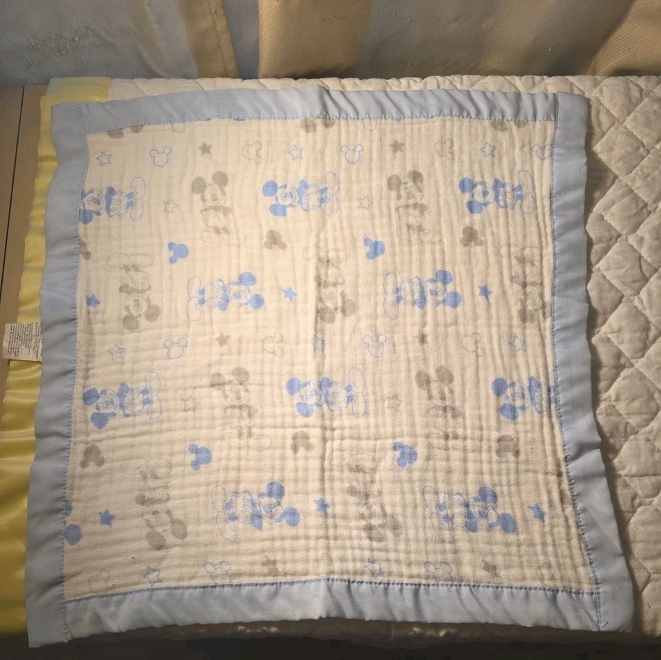  Disney Baby Boys Blue Grey White Mickey Mouse Muslin Satin Security Blanket  -  - Image 2 of 3