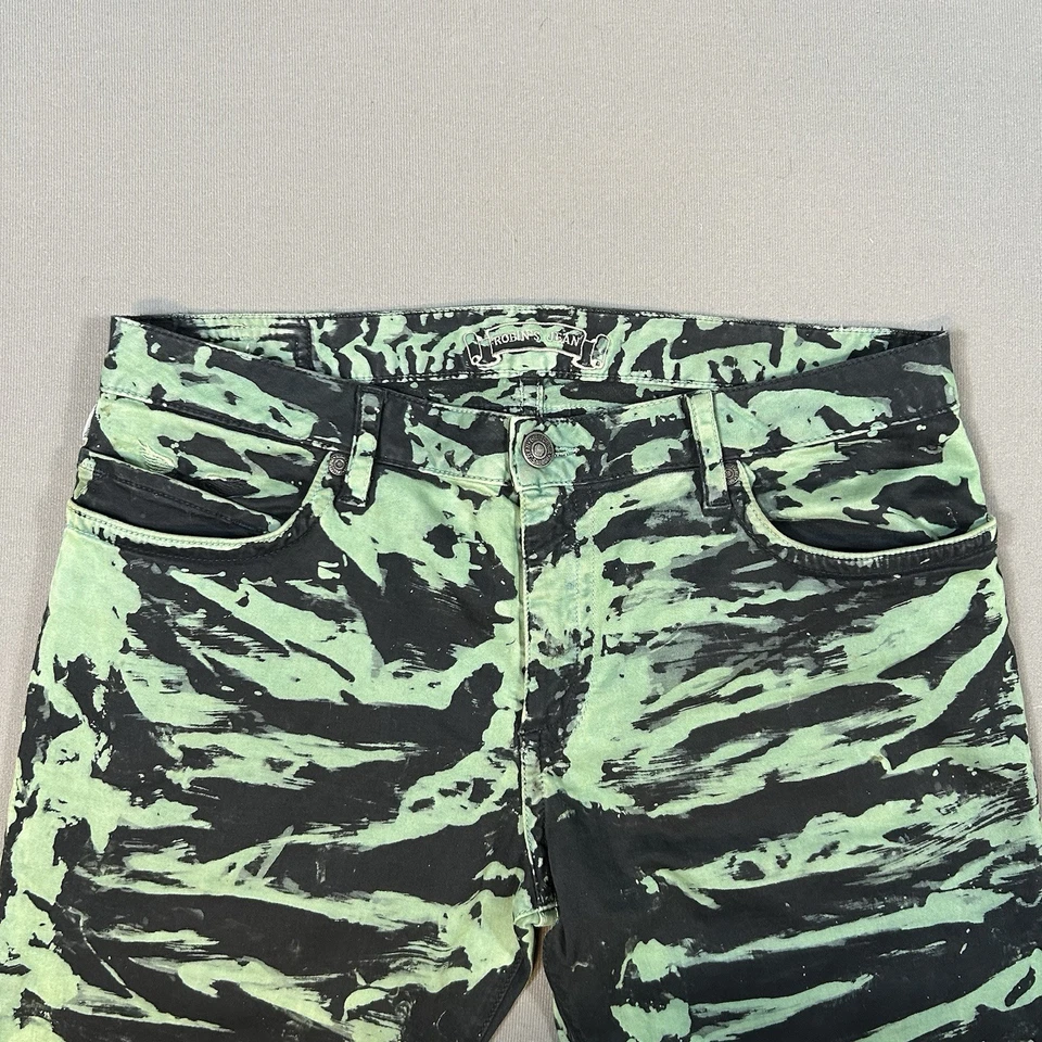 Jean Robins Para Hombre 36 Recto Verde Negro Elástico Denim Solapa Larga Tachonado 36x31 Foto 3 de 4