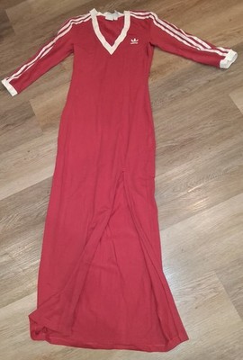 adidas 3-Stripe Logo Maxi Dress S Red/White Solid V-Neck Long Sleeve