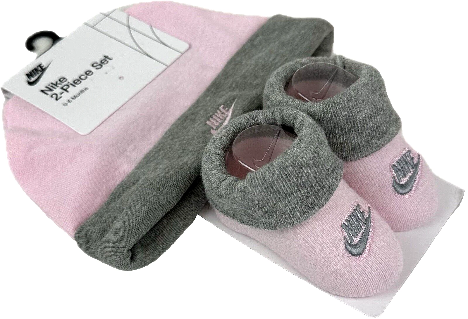 Nike Baby Pink Grey Ankle Cotton Swoosh Beanie and Booties Sock Set Sz 0-6 MO