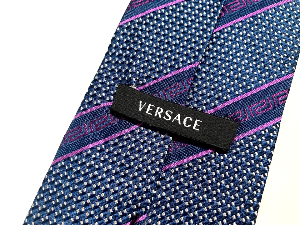 VERSACE VINTAGE AÑOS 10 LLAVE GRIEGA CORBATA REGIMIENTO JACQUARD TEJIDO GRIS ITALIA Foto 2 de 4