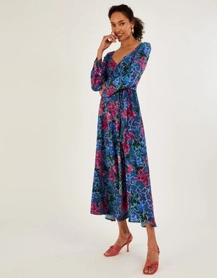 Monsoon Laikyn Midikleid Blumen Größe 12 NEU Blau Rosa Langarm UVP 110£