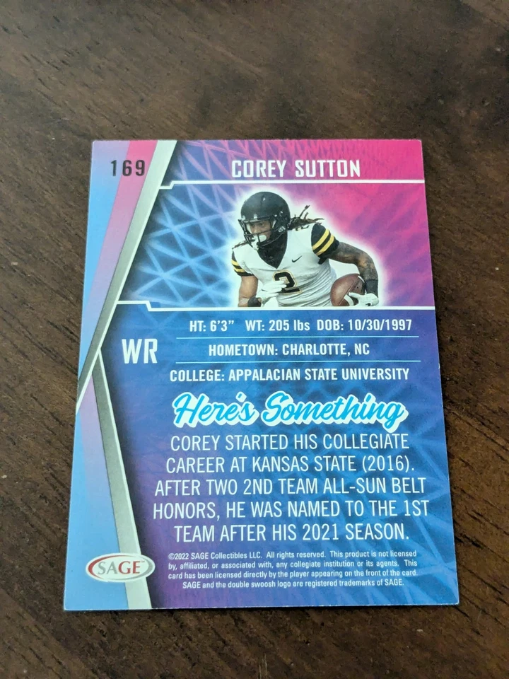 2022 SAGE High Series Football Corey Sutton RC ASU/Detroit Lions Card#169 - Image 2 of 2
