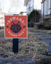Beware of Guard Dog Security Sign, 6" x 6" on Wooden Stake, for Yard Display