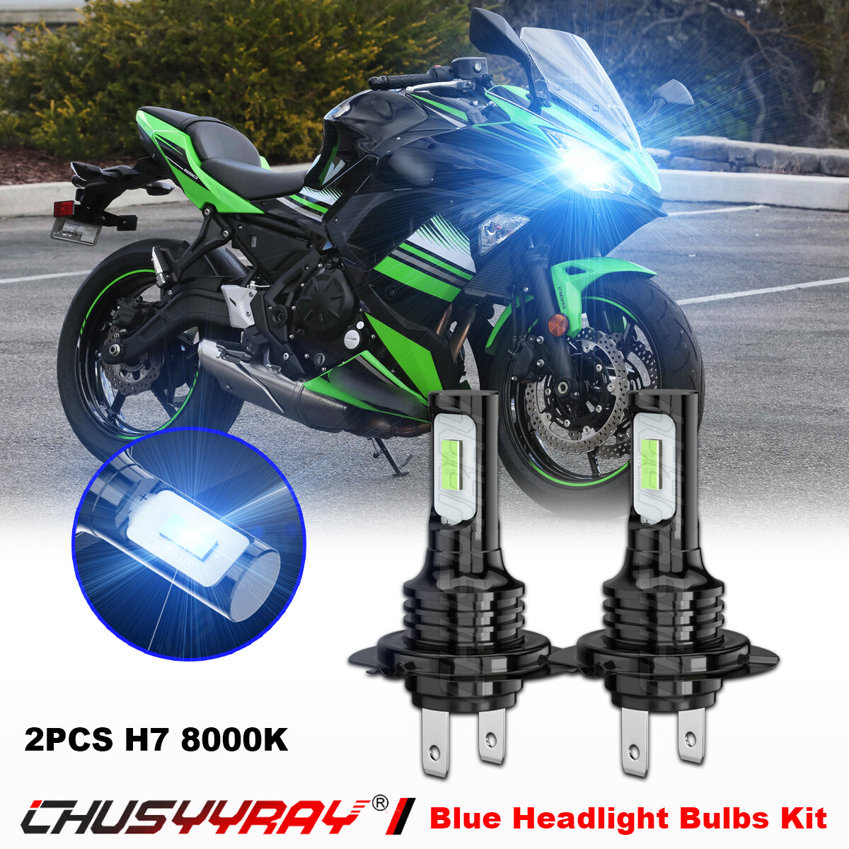 2X H7 LED Headlight Bulbs 8000K For Kawasaki Ninja 650R 2006-2011
