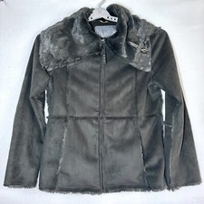 Lole Faux Fur Suede Coat L 10 12 Black Zipper Pockets 100% Polyester Full Zip