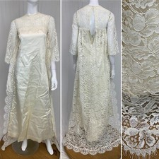 Vintage 60s 70s Ivory Lace Train Satin Custom Made Wedding Gown Dress Womens XXS