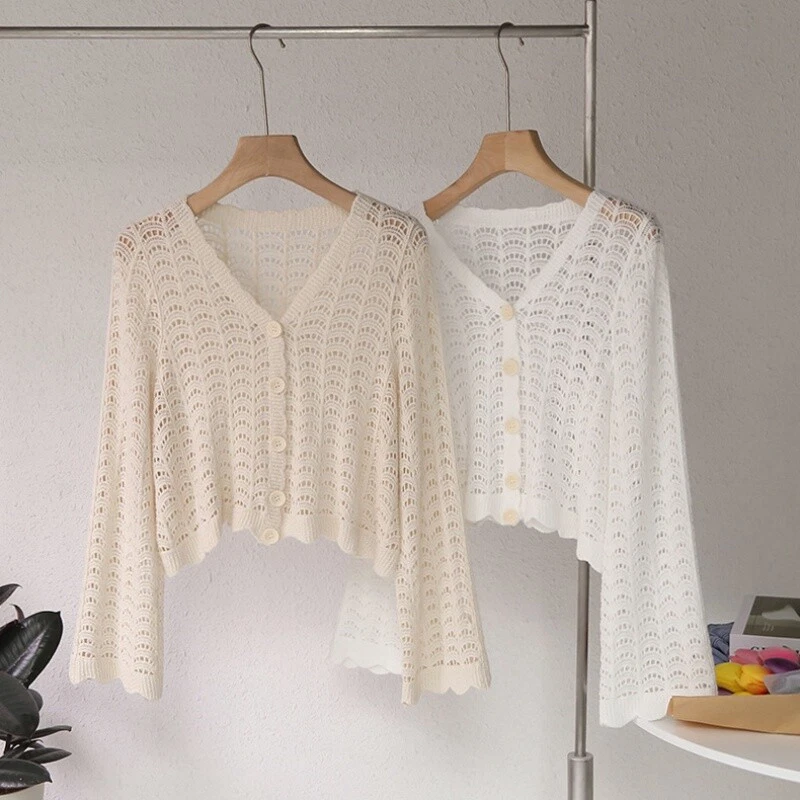 Women Crochet Cardigan Jacket Knit Hollow Out Sweater Loose Short Jumper