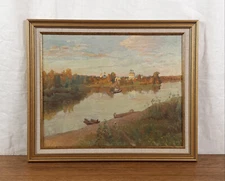 Copy of Levitan’s Evening Bells, Vintage Oil Painting, Autumn River Landscape