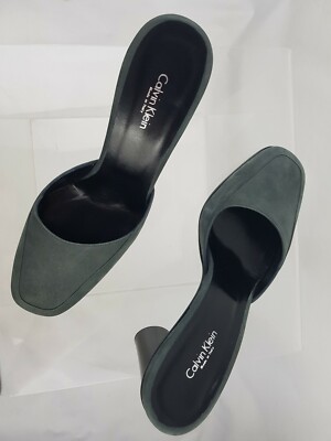 Calvin Klein Leder Nubuk Grau Slipper Pantolette Blockabsatz Größe 7,5 EU R40 US 9,5M