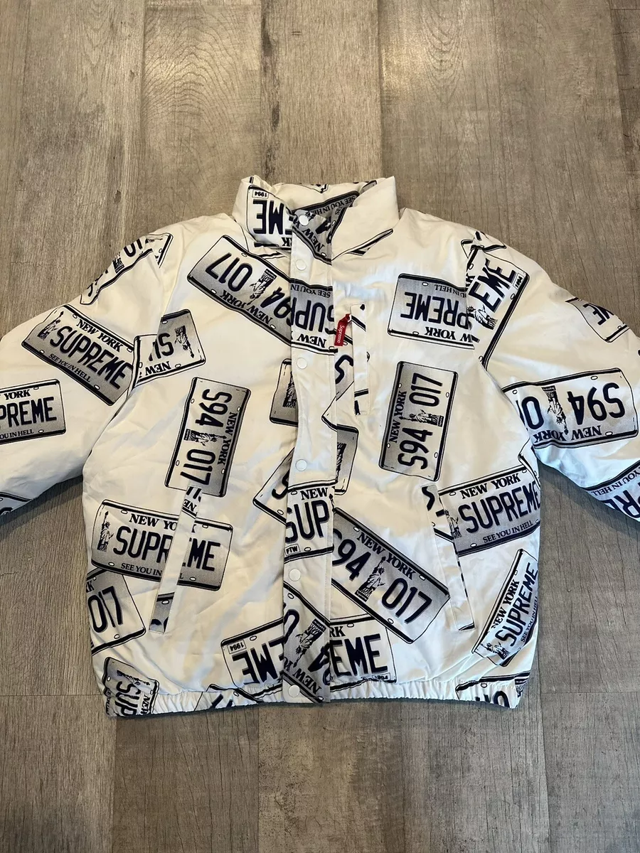 Supreme license plate puffy jacket white size large pre owned