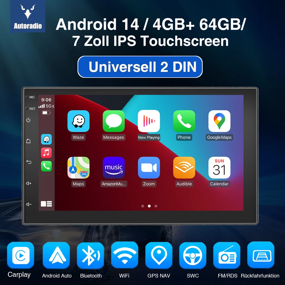 4+64G DAB+ Autoradio Android 14 Carplay GPS NAVI RDS Bluetooth +Mik Kamera 2 DIN - Bild 2 von 4